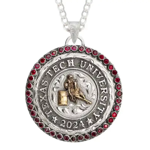 The timeless design of the School Pride Graduation Necklace makes it a perfect keepsake for years to come. Crafted on a hand-engraved German Silver base with a stunning cubic zirconia stone edge, this piece exudes elegance. Customize your lettering, figur